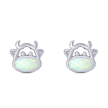 Cow Stud Earring Created White Opal Solid 925 Sterling Silver (8.8mm)